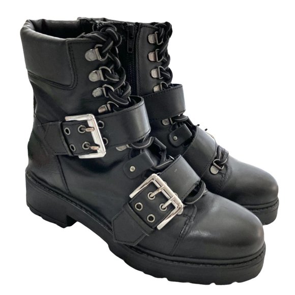 STEVE MADDEN Fighter Black Leather Lug Sole Combat Moto Boots - Picture 1 of 12